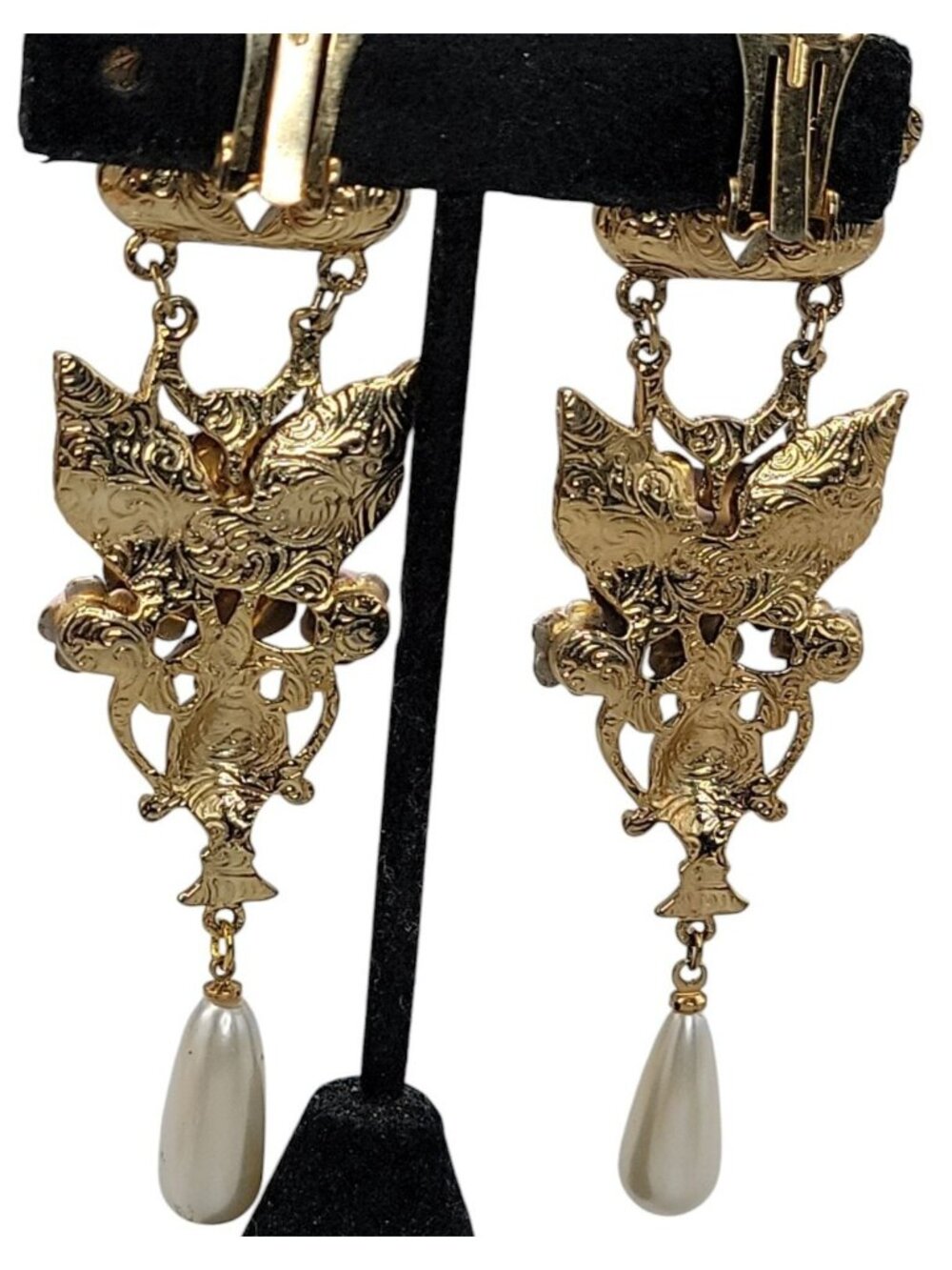 1928 Floral Dangling Statement Earrings Gold Plated Faux Pearl Rhinestones VTG - Picture 6 of 16